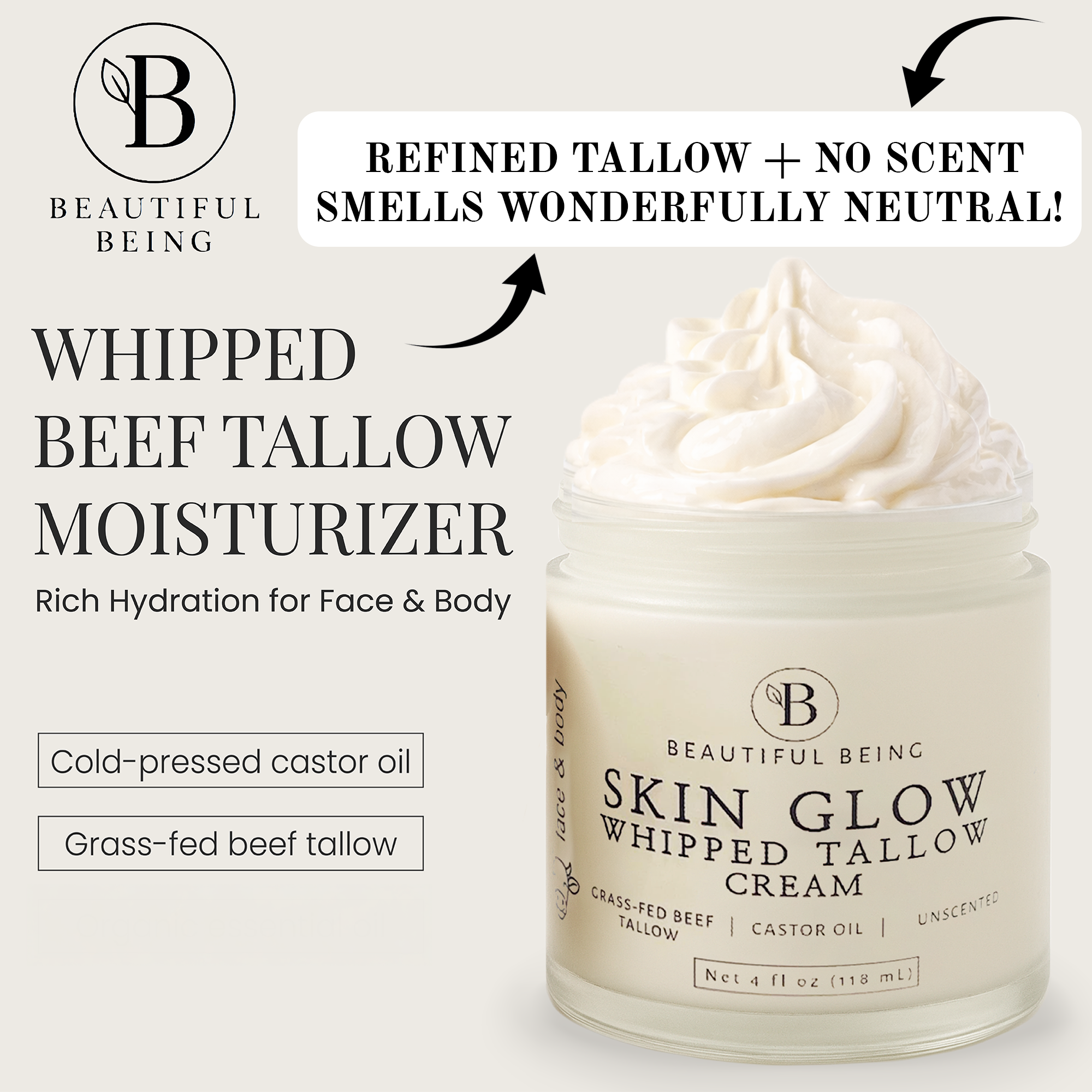 Skin Glow | Whipped Tallow Cream (smells clean | no essential oils - unscented) - Quiet Whisper